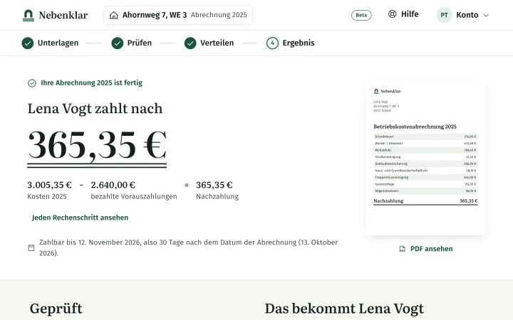 Nebenklar, Ergebnis: Lena Vogt zahlt 365,35 Euro nach. Kosten 3.005,35 Euro minus Vorauszahlungen 2.640,00 Euro. Daneben die erste Seite der fertigen Abrechnung.