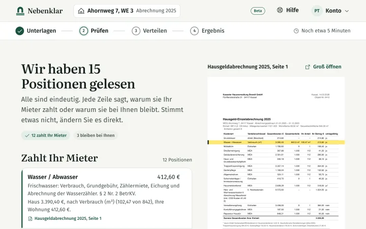 Nebenklar, Schritt Prüfen: 15 Positionen gelesen, 12 zahlt der Mieter, 3 bleiben beim Vermieter. Rechts die Hausgeldabrechnung, die Zeile Wasser ist gelb markiert.